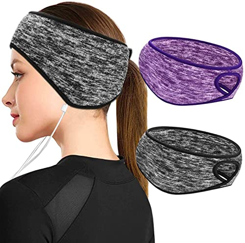 Running Headband 2Pcs, Winter Ear Warmer Headbands with Ponytail Hole for Women Girls, Windproof Fleece Thermal Full Cover Ear Muffs Sports Headwear Warmers Hair Bands for Ladies Cycling Skiing Yoga