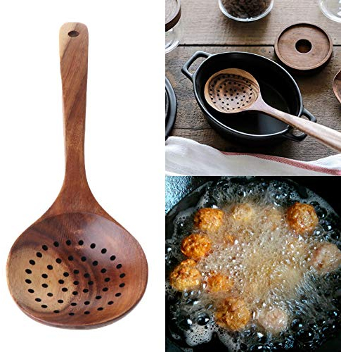 FOLODA Passoire à manche long en bois, écumoire en bois, ustensiles de cuisine