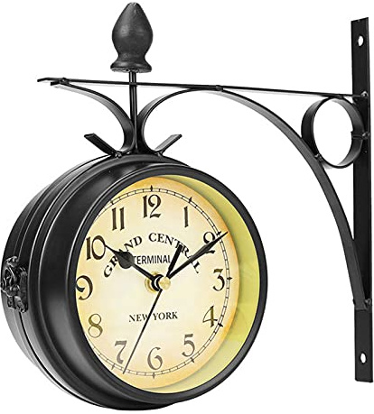 GYHH Retro Reloj De Doble Cara Jardín Tren Estación Reloj De Pared con Soporte Pared Sala De Estar Al Aire Libre Dormitorio Estudio Decoración De La Pared (Black)
