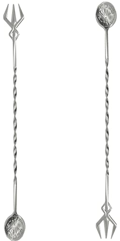 Pinenjoy 2 cucharas de bar de 12.75 pulgadas con patrón en espiral y tenedor, cuchara de cóctel de mango largo 18/10 (304), cuchara agitadora de acero inoxidable para batidos, jugo, café, té, cerveza