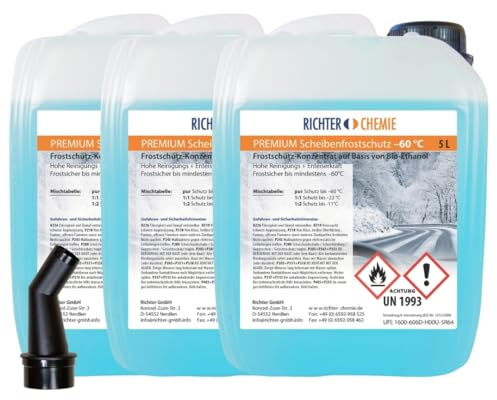15 Liter (3 x 5 Liter Kanister) Premium Scheibenfrostschutz -60°C Frostschutz Konzentrat Auto Scheibenwaschanlage