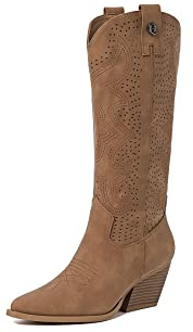 QUEEN HELENA Camperos Stivali Texani Traforati con Tacco Western Cowboy a Punta Stivaletti con Zip Laterale Donna X28-100 Cuoio 39