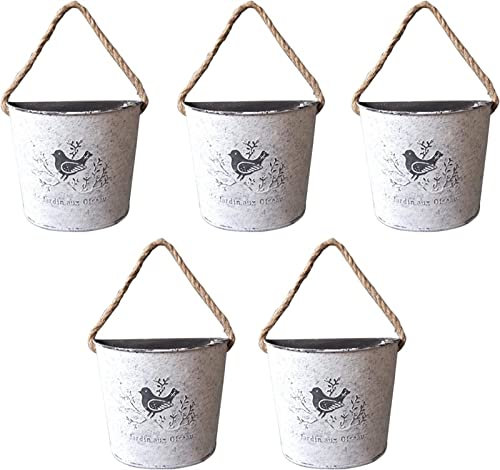 AKANYA 5 Pcs Metal Hanging Planter Basket,Metal Flower Pots,Iron Plant Pots Vintage Planters Wall-Mounted Container With Anti-Slug Cotton Rope Handles For Wall Balcony Over Fence Home Garden Decor