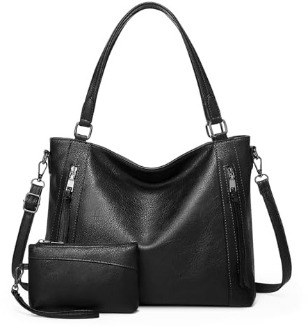 VINBAGGE Borsa da Donna Borsa a tracolla Spalla 2 pezzi Tote Bag Borse a Mano Pelle PU Borsa Messenger per Shopping Viaggio, Nero