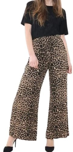 Prime fashions - Femmes Pantalon Palazzo Uni - Pantalon Jambe Large Évasé - Taille Élastiquée - Vêtement Décontracté, imprimé léopard, 48-50