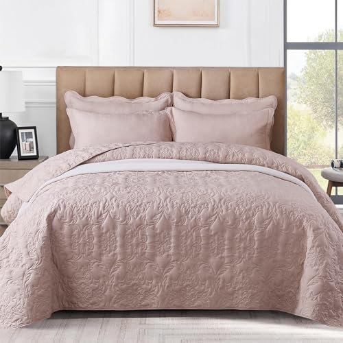 OKYUK 3-Piece Queen Quilt Set Quilted Bedspread Oversized Microfiber Lightweight Coverlet Set with Shams Reversible Printed Coverlet Bedding Set for All Season,220x240cm (Light Bean Sand, 220*240cm)