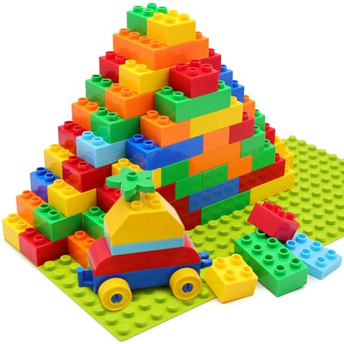 HIUME 83 Pcs Blocs de Construction Géants pour Tout-Petits (81 Briques + 2 Plaques de Base) | Compatible avec Duplo et Grandes Marques | Mélange de 7 Couleurs Vives | Jouet Éducatif STEM 3 Ans+