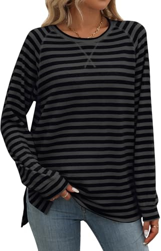 Flikity Striped Long Sleeve Tops Women Blouses Ladies Longline Tops | Crew Neck T Shirts Ladies Tunic Tops Trendy Casual Spring Autumn Winter Clothes M-XXL