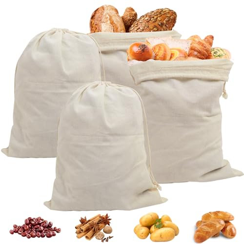 PRZRAO 4 Pièces Sac à Pain en Lin, 30 x 40 cm Réutilisable Avec Cordon de Serrage - Pour Pain, Fruits, Légumes