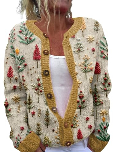 Gilet en tricot pour femme bleu en laine, avec motif imprimé de fleurs de Noël, manches longues, boutonnage, broderie, cardigan en mélange de laine, tricot en laine, pull décontracté en peluche, pull