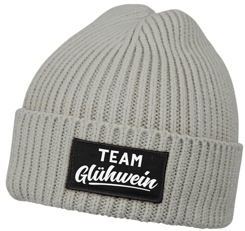 MoonWorks® Herren Beanie mit Patch Strickmütze mit Spruch Team Glühwein Aufdruck Lustig Mütze Männer Grau Unisize