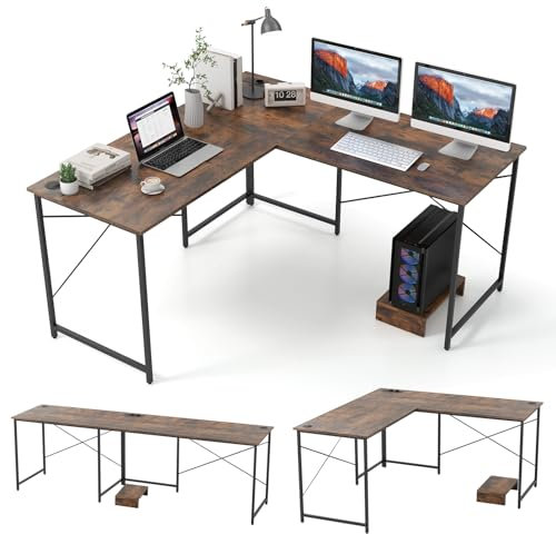 COSTWAY Skrivbord i L-form, vändbart hörnskrivbord med laddningsstation, hörnbord med kabelhål och avtagbart CPU-/bildskärmstativ, speldatorbord, kontorsbord för hemmakontor (rustik brun)