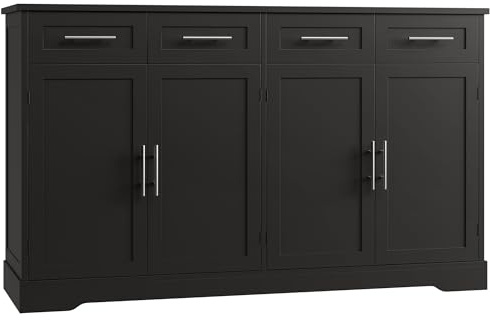 HOSTACK 60 Large Buffet Sideboard with Storage, 36 Tall Kitchen Buffet Storage Cabinet with 4 Drawer, Modern Coffee Bar Cabinet with Silver Handle, Long Sideboard Buffet Table for Kitchen, Black