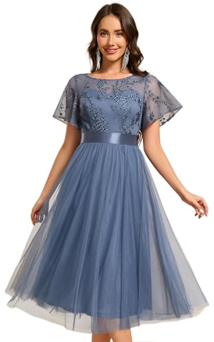 Ever-Pretty Elegante Vestido de Dama de Honor para Mujer Manga Corta Midi Cuello Redondo Azul Polvoriento 44