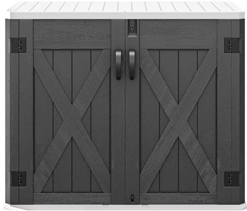 DWVO Abri de rangement de 0,9 m³ avec porte verrouillable unique en forme de X, abri d'extérieur en résine résistant aux intempéries sans étagère pour poubelles, vélos, matériel de jardinage et de