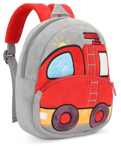 VINBAGGE Lindo niño pequeño niños mochila felpa animal dibujos animados mini niños bolsa para bebé niña niño edad 1-3 años camión de bomberos rojo, Rojo-6.