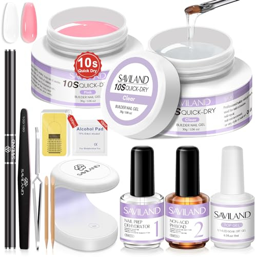 SAVILAND Quick-dry Builder Nail Gel Kit: Clear Pink Builder Hard Gels with Mini U V Light, Top Gel, Nail Dehydrator, Non-acid PH Bond Primer and Nail Extension Application Tools