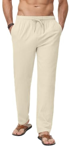 LVCBL Men's Trousers Linen Trousers Elasticated Waist Beach Summer Pants Khaki XL