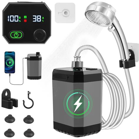Tragbare Campingdusche Akku mit Pumpe, Upgrade Mehrfachfilterung, Camping Dusche 6000mAh Wiederaufladbar mit Duschkopf und 2m Schlauch, Temperatur- und Leistungsanzeige für Camping Reisen Garten
