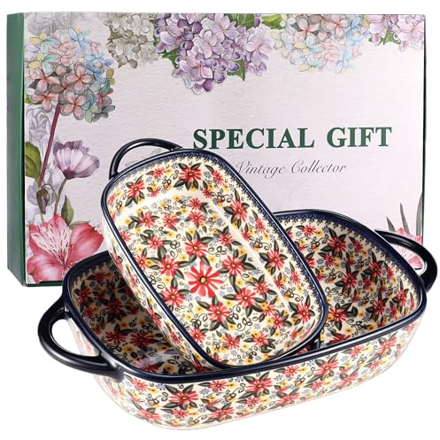 Polish Pottery Style Ceramic Baking Dish Set, 2-Piece Large & Small Casserole Bakers for 2–3 People, Floral Oven-to-Table Bakeware, Microwave & Dishwasher Safe, Gift-Ready with Protective Packaging