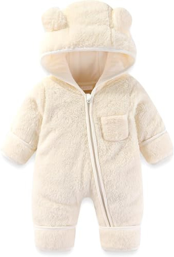 Generisch Mono para bebé recién nacido, traje de bebé, manoplas, para invierno, traje de nieve, forro polar, mono con capucha, beige, 0-3 meses