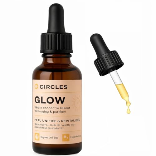 Circles GLOW Sérum Visage Anti-Imperfections avec Bakuchiol 1%, Huile de Noisette Bio & Rose Musquée | Soin Acné Hormonale, Pores Dilatés, Taches et Signes de l’Âge | 30 ml