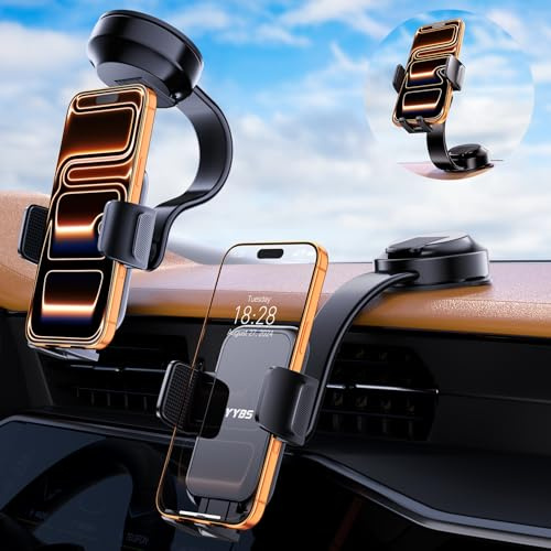 YYBS Car Dashboard Phone Holder for Windshield - Tesla Touch Screen Phone Mount with 360° Adjustable Aluminum Arm & Nano Adhesive Base for iPhone 17 Pro Max and All 4-7inch Smartphone (Black)