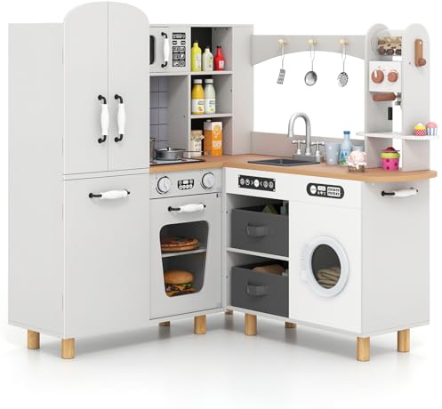 GOPLUS Cuisine d'angle Enfant, Cuisine Enfant en Bois avec Réfrigérateur à Double Porte, Évier, Cafetière, Micro-Ondes, Cuisinière, Lave-Linge, 12 Accessoires, Jeu d'Imitation pour 3+ Ans (Gris)