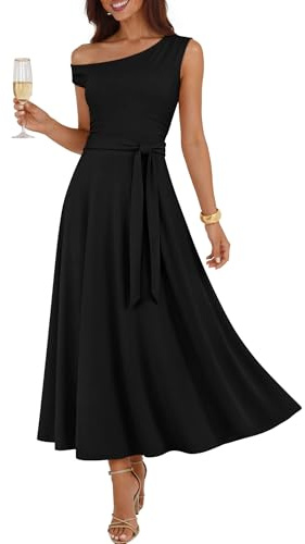 ZESICA Womens Summer Casual One Shoulder Maxi Dress 2026 Sleeveless Wedding Guest Flowy Vacation Dresses with Pockets,Black,Large