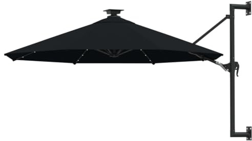 Wand-Sonnenschirm 28 LED-Leuchten 300 cm Durchmesser Schwarz UV-Polyester für Balkon Terrasse Garten Kurbelmechanismus Neigefunktion 8 Rippen mit Wandhalterung