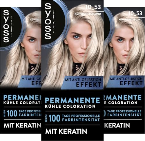 Syoss Coloration 10_53 Kühles Hellblond (3x 115 ml), permanente Haarfarbe mit Keratin verleiht einen kühlen Farbton für bis zu 100 Tage professionelle Farbintensität, mit Anti-Gelbstich-Effekt