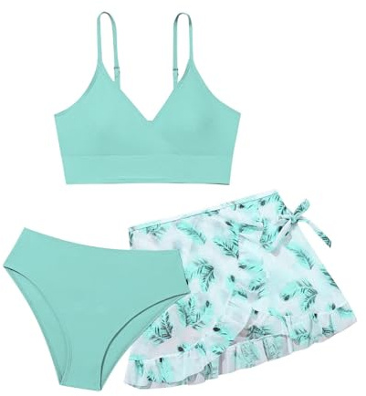 Conjunto Bikinis Niña 3 Piezas Top Bikini Shorts Bikini y Falda Estampada Bañador Dos Piezas con Tirantes Ajustables Trajes de Baño de Verano Ropa dePlaya y Piscina para Niña (Mint Green, 14-15 Years)