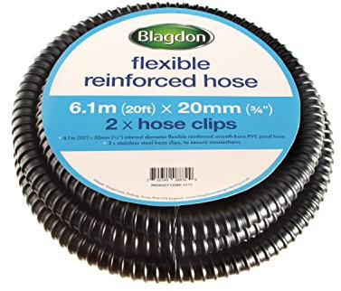 Blagdon Flexible Reinforced Pond Tubing, 6.1m (20ft) x 20mm (3/4”) Internal Diameter, Smooth-bore PVC Pond Tubing, Includes 2 Stainless Steel Hose Clamps, Corrugated, Tough and Strong Tubing