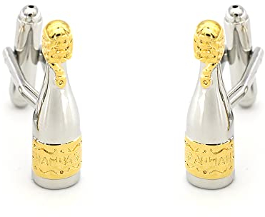 Boutons de Manchette Bouteille de Champagne Argentée et Bouchon Doré - Boutons de Manchette Originaux Thème Cuvée Millésime - Accessoire Fantaisie ou Déguisement Chemise et Veste de Costume