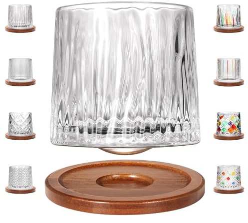 Uten Vaso de Whisky de Cristal, 275 ml/10 oz Vaso de Agua Giratorio, Posavasos de Bambú, Tacto Grueso, Adecuado para Beber Ron, Brandy, Cócteles, Café, Jugo, Relajarse y Descomprimir, 1 Pieza