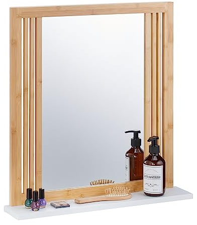Relaxdays Specchio da Parete da Bagno, Mensola, Specchiera Rettangolare con Ripiano, 56,5 x 54 x 10 cm, Naturale Bianco