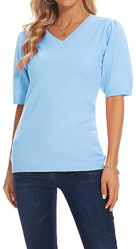 MINTLIMIT Knitted Jumpers for Women UK Short Sleeve Sweaters Pullover Knits Tops Casual (BU-Blue L)