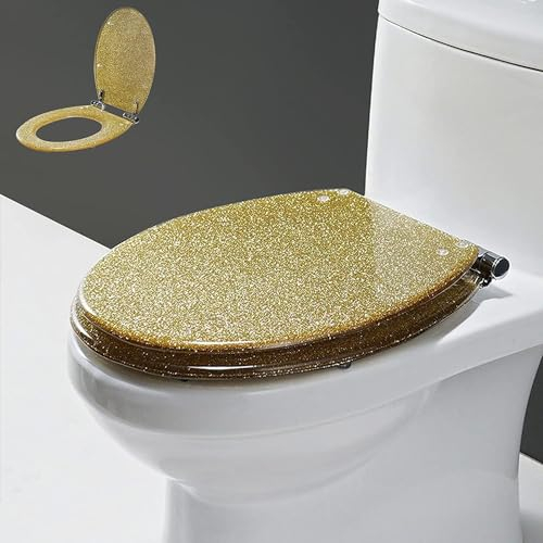 WC Sitz Glitzer Toilettensitz Aus Kunstharz, Toilettendeckel Mit Absenkautomatik, Universal Toilettensitz 42 X 36 Cm, Einfache Montage WC Deckel Klobrille (Gold)