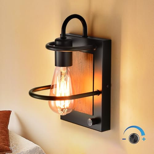 AOLALA Dimmable Black Wall Lights with Faux-Wood, Farmhouse Wall Dimmer Lamp, Modern Wall Sconces with ON/Off Dimmer Switch, Rustic Wall Mounted Bathroom Vanity Light Fixtures for Indoor