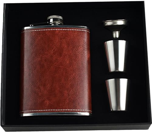 Eiarrnp 8oz Braun Leder Klein Flachmann für Männer Frauen Leckenschutz Flachmann Set for Whiskey Vodka Geschenkbox mit Trichter und 2 Gläser - Wandern Tragbar Flasche