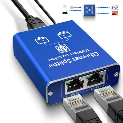 STEAMEMO Gigabit Ethernet Splitter 1 to 2, Network Ethernet Splitter, LAN Splitter with USB Power Cable, RJ45 Splitter 1000Mbps High Speed for Cat5/5e/6/7/8 Cable [2 Devices Networked Simultaneously]