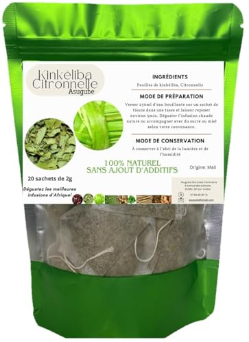 Kinkéliba-Citronnelle en Sachets Filtrants-Marque Asugube-Infusion Traditionnelle Africaine |Feuilles Séchées 100% Naturelles |Tisane Détox, Digestion et Bien-Être| Paquet de 20 sachets de 2 grammes