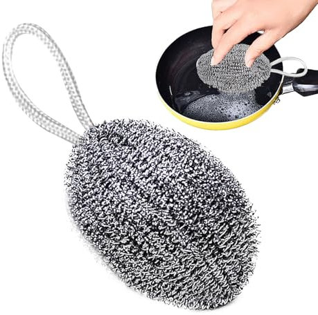 Esponja limpiadora de acero, malla de bolas de alambre de acero, almohadilla portátil de limpieza de platos, bola de estropajo de alambre con cordón integrado, uso profundo, limpiador de cocina para