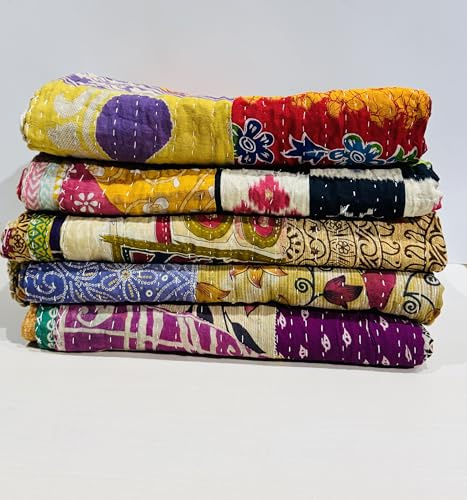Mycrafts Vintage Indian Quilt Handmade Bedspreads, Whole Kantha Lot,Throws,Ralli,Reversible Bohemian Home Decor Cotton Blanket Gudari, Quilt for Sale – Assorted Color (Pack of 1)