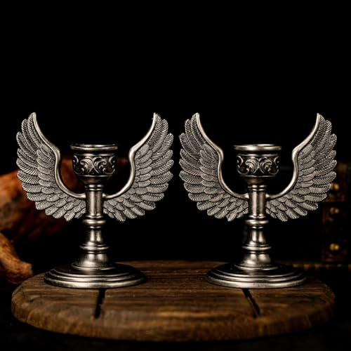 2PC Retro Angel Wing Candle Holder - Handcrafted Collectible Figurine for Desk Decor, Home Altar, Celestial-Inspired Vintage Tabletop Sculpture - Retro Silver