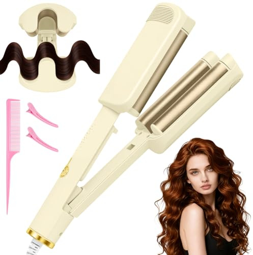 LOPHE Hair Waver,U Shape Hair Waver 32mm French Wave Curling Iron with 4 Temperature Settings & Negative Ion Ceramic Coating,Duuble Voltage 10s Fast Heat Anti-Scald forTravel Home Apricot