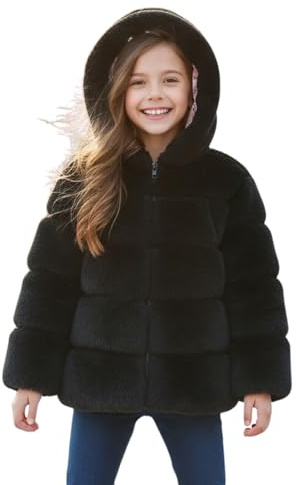 Klijuiaup Manteau à capuche en fausse fourrure pour filles – Vestes en polaire sherpa duveteuse pour enfants – Parkas – Manteaux d'hiver chauds à poils longs pour l'extérieur, Noir , 7 ans