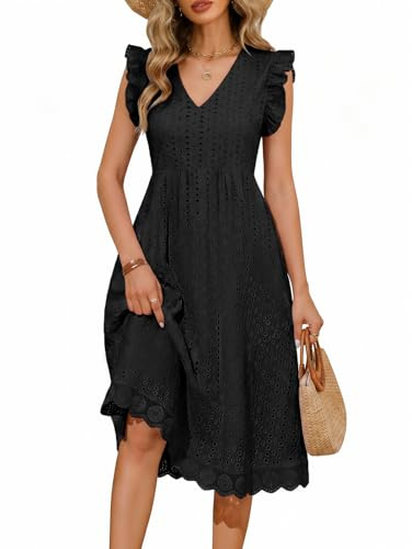 PASUDA Vestido Mujer Verano Casual Vestido Largo con Manga Volante Cuello V Elegante Cintura Alta A-Line Vestidos Hueco de Flores Jacquard Sólida Algodón Vestidos de Playa con Bolsillos