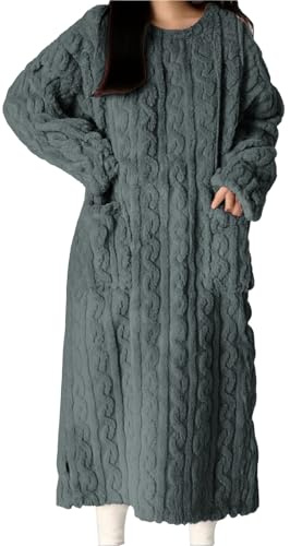 Dam långärmad fleece vinter nattlinne långärmad husklänning för kvinnor med fickor nattklänningar plusstorlek vinterrock pyjamas med fickor plysch myskläder vinter morgonklänning, Mörkgrått, M