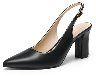 DREAM PAIRS Womens Slingback Heels Chunky Block Heels Pointed Toe Closed Toe Pumps Comfortable Work Office Business Shoes,Size 7,Black-Pu,SDPU26013W